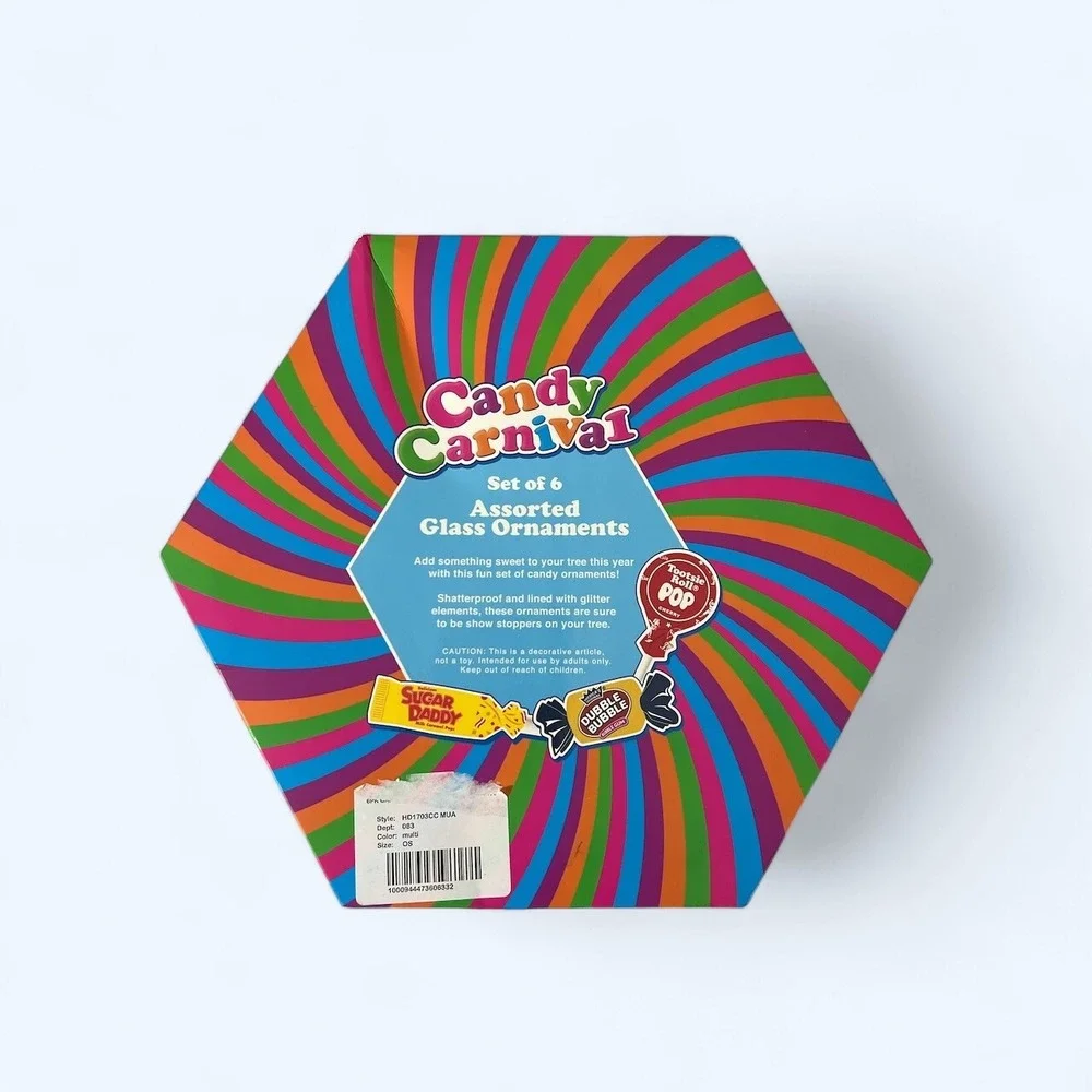 Candy Carnaval Blown Glass‎ Christmas Ornaments Set of 6.